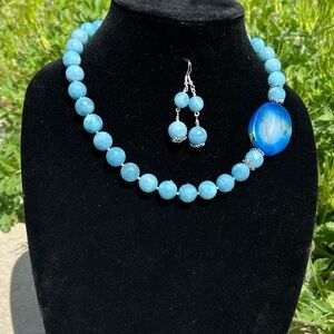 Blue and Silver Beaded Necklace with Pendant